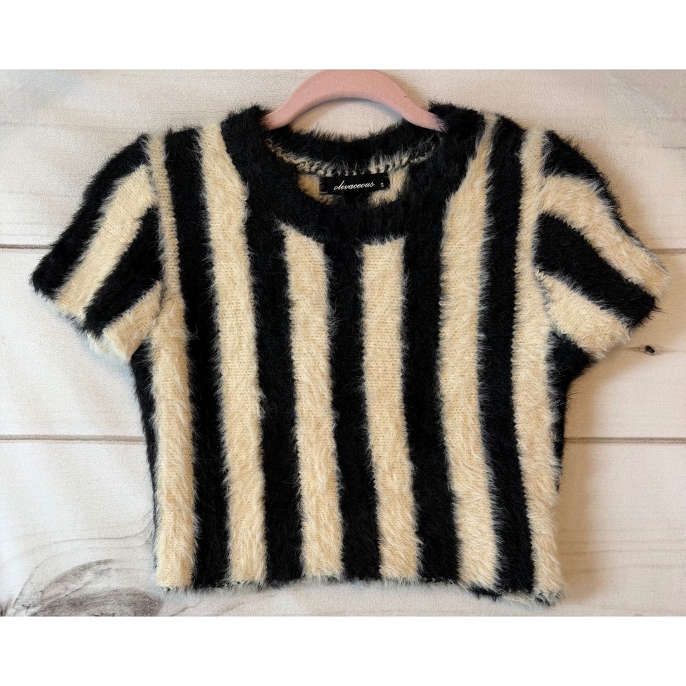 Olivaceous Black Cream Striped Fuzzy Eyelash Knit Crop Top Sweater JT58-24 S